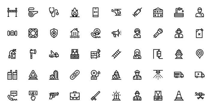 Emergency services icon set. Emergency vector icons pack. Minimalist icons. Featuring barrier, whistle, stethoscope, fire, ambulance, doctor, police, siren, first aid, stretcher, lifebuoy, and more. E
