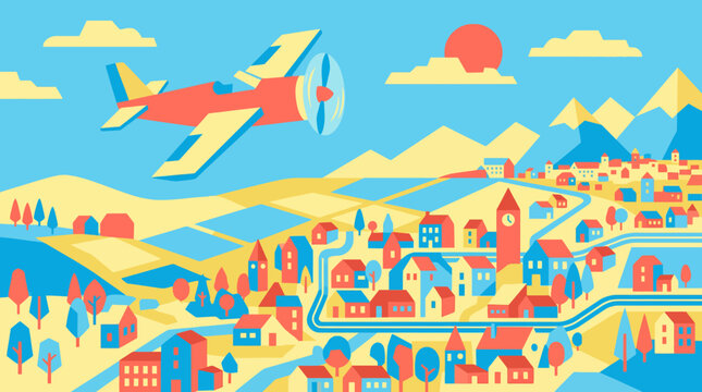 Airplane flying over a colorful, stylized town illustration
