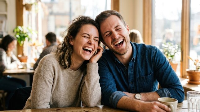 Two people laughing uncontrollably together indoors, expressing genuine joy, sincere emotions, lighthearted happiness, mutual comfort, and a strong personal bond.