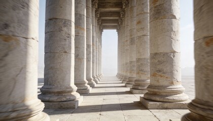 Obraz premium Framing central aisle receding toward bright portal at plaza, with weathered stone columns