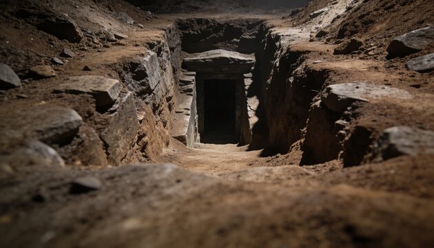 Showing sunlit earthen trench sloping to dark stone doorway at excavation, with lintel and rubble