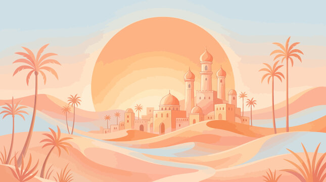Arabian desert town and oasis vector landscape illustration