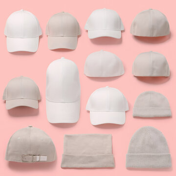Luxury folded apparel stack mockup displays various hats and beanies