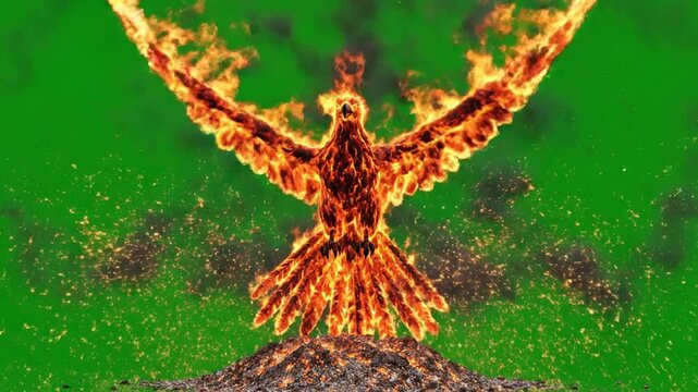 Phoenix rising from ashes with burning wings green screen alpha channel fire bird mythical creature