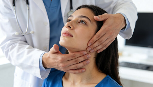 Palpating physician wearing white coat holding patient jaw and pressing neck at clinic, stethoscope
