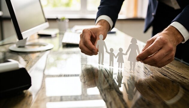 Placing paper cutout family with hands in dark suit jacket on office wooden desk with keyboard