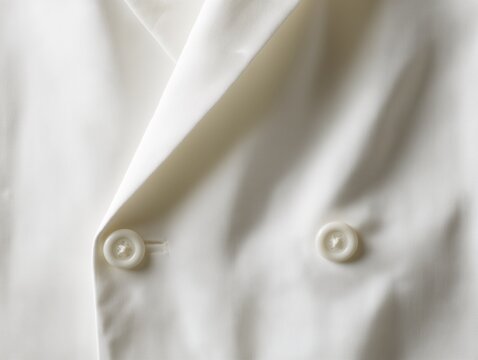 Extreme close-up of a chef's white jacket, double-breasted with buttons