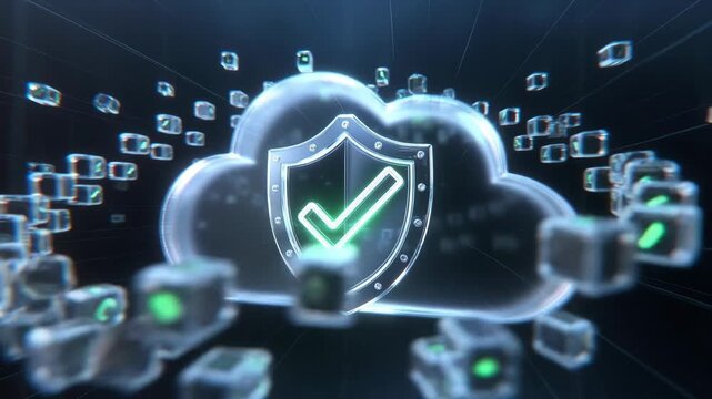 Cloud with shield and checkmark in futuristic style on dark tech background, concept of secure data flow