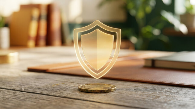 Golden shield above coin on wooden desk, financial security concept in warm light