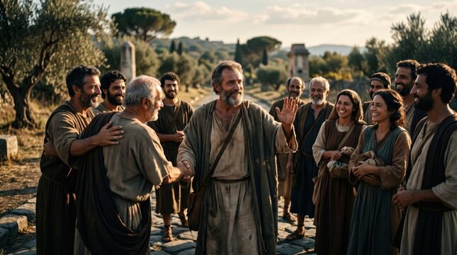 Group of disciples greeting apostle Paul on ancient road. Biblical scene of faithful men and woman welcoming traveler in journey to Rome. Historical cultural religious concept.