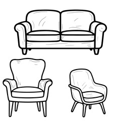 Fototapeta premium Upholstered armchair and sofa with rounded armrests, a set of sketches. Vector illustration. For banners, postcards, posters, as well as children's coloring books and textbooks