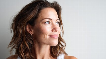 Naklejka premium Thoughtful woman with blue eyes looking away with a slight smile