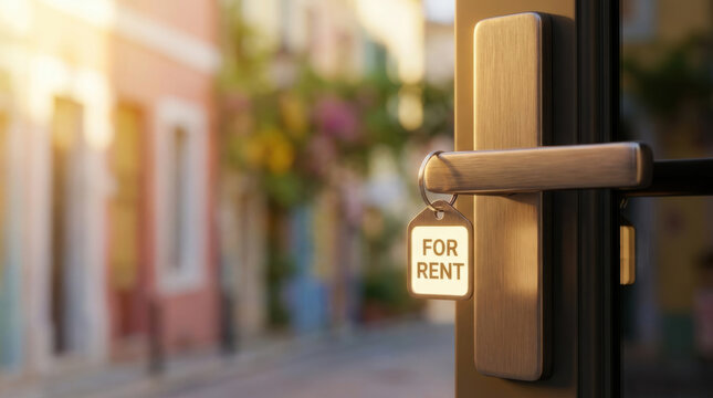 Rental market economy concept single modern door lock for rent sign real estate home leasing