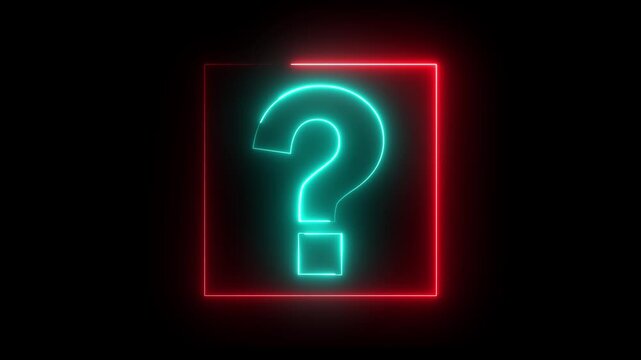 Glowing neon red and cyan color question mark sign icon animation quiz confusion mark punctuation interrogative sign education exam circle alphabet sign symbol on black background