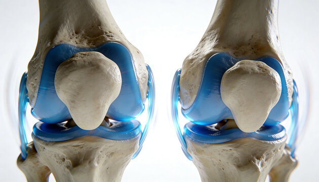 Displaying two knee joint models in studio, showing glossy blue cartilage and menisci