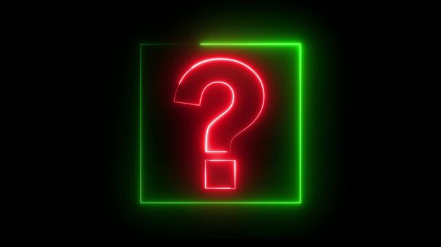 Glowing neon red and green color question mark sign icon animation quiz confusion mark punctuation interrogative sign education exam circle alphabet sign symbol on black background
