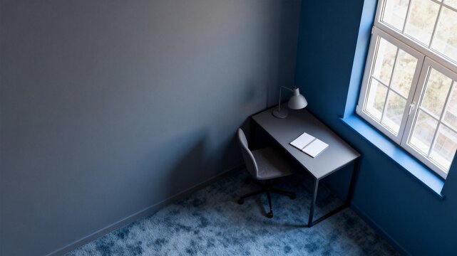 Minimalist Study Corner with Blue Walls and Window Light