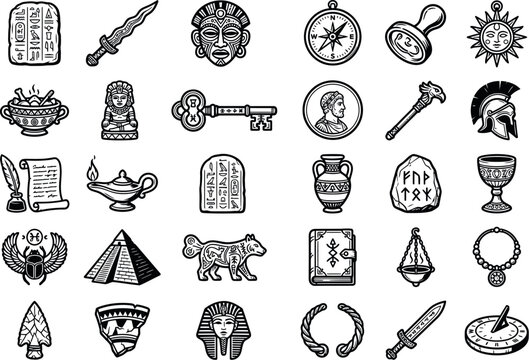 Ancient civilization artifact icons, 30 historical archaeology vector elements, black and white antique museum relics and Egyptian symbols