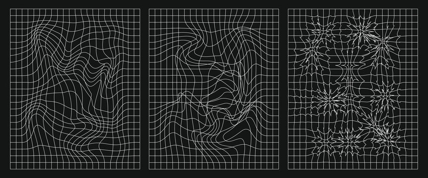 Abstract geometric background with distorted grid lines, set of three creative digital patterns, futuristic mesh texture, modern graphic design element