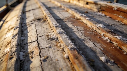 Obraz premium Revealing overturned wooden hull showing cracked planks and ribs at shoreline, with salt crystals