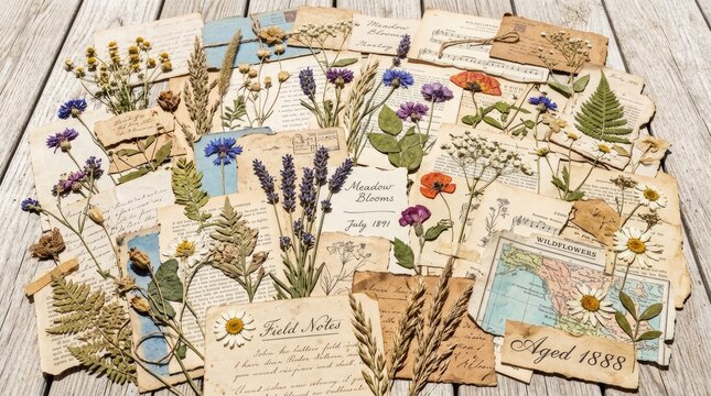 Vintage Botanical Specimens and Handwritten Notes on Rustic Wooden Surface