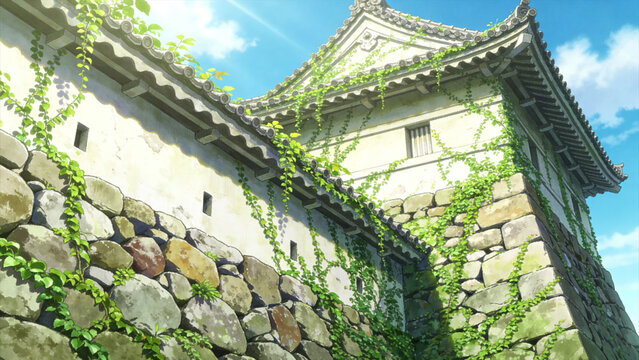 Showing stone fort wall, corner tower from ground, with parapet slits, green vines and blue sky