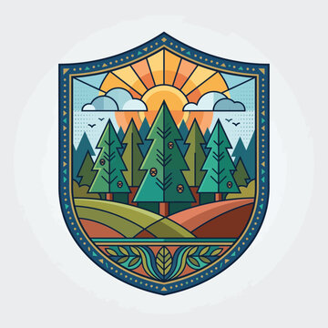 Shield with pine trees and sunset.