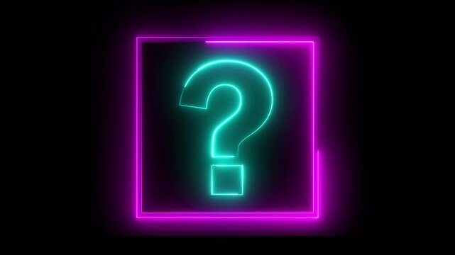 Glowing neon pink and cyan color question mark sign icon animation quiz confusion mark punctuation interrogative sign education exam circle alphabet sign symbol on black background
