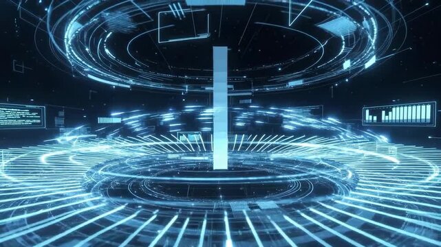 Futuristic digital interface with glowing holographic rings in tech style on dark background, concept of data flow and innovation