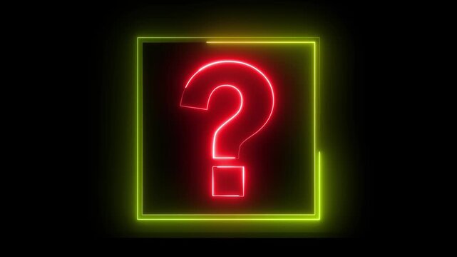 Glowing neon red and yellow color question mark sign icon animation quiz confusion mark punctuation interrogative sign education exam circle alphabet sign symbol on black background