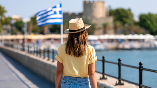Back View of Tourist Woman Walking by Historic Waterfront in Rhodes Old Town, Greece
