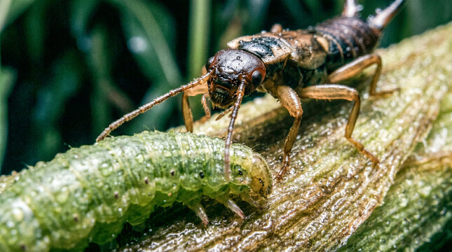 Extreme macro shot of earwig insect biting green caterpillar pest on twig