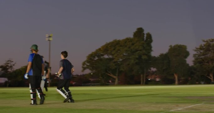 Cricket partners cheering after wicket fall bowler running in bowling hitting stumps under lights