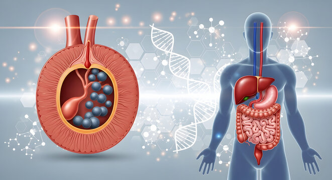 Medical illustration showing human digestive system anatomy and gallbladder with gallstones inside.