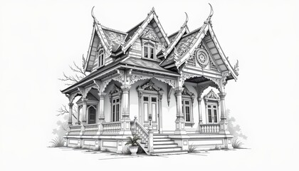 Fototapeta premium The image depicts an ornate, intricately designed house with multiple steeply pitched roofs and decorative architectural elements