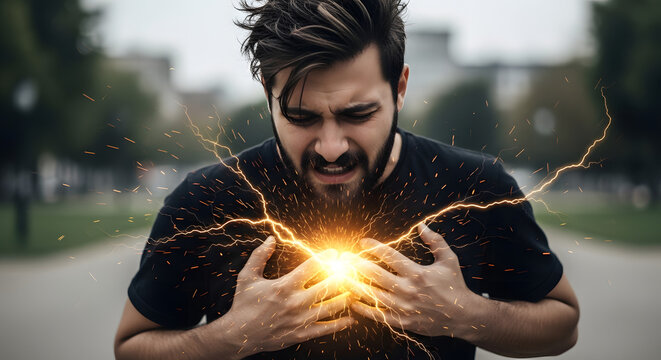 Stressed man clutching his chest with glowing electrical energy effect representing heart attack or anxiety.
