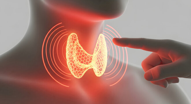 Conceptual illustration of a human thyroid gland being examined by a finger.