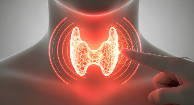 Conceptual illustration of human thyroid gland health and medical examination with glowing digital visualization.