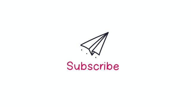 Subscribe animated doodle with hand drawn paper plane icon and pink cursive text, navy outline on white background, CTA motion graphic for social media content creators.