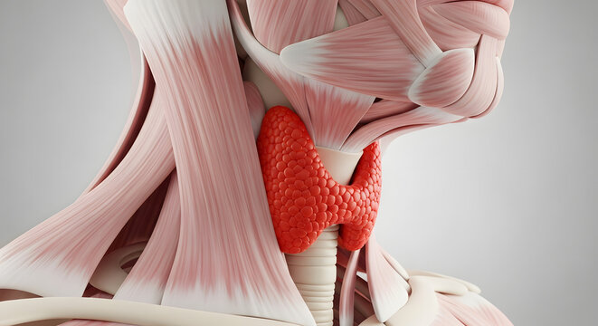 Anatomical illustration of the human thyroid gland located in the neck region.