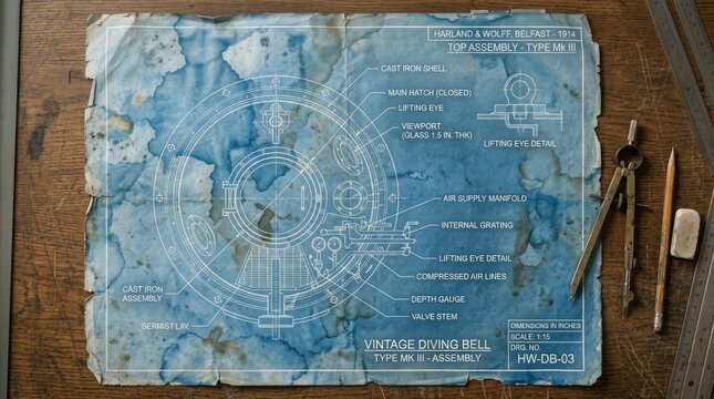 Vintage Diving Bell Type Three Technical Blueprint on Aged Paper With Wooden Pencil