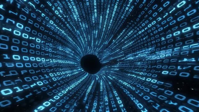 Binary code swirling through a digital tunnel in dark space background, concept of data flow and cyber motion