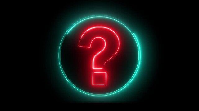 Glowing neon red and cyan color question mark sign icon animation quiz confusion mark punctuation interrogative sign education exam circle alphabet sign symbol on black background