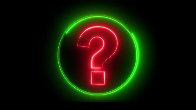 Glowing neon red and green color question mark sign icon animation quiz confusion mark punctuation interrogative sign education exam circle alphabet sign symbol on black background