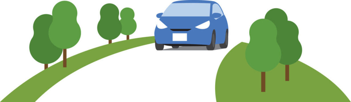 木に囲まれた田舎道を自動車でドライブするイラスト