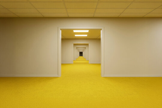 AI generated grand empty hall with infinite grid desks liminal space