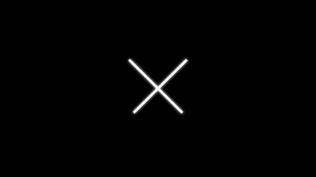 Animated false or incorrect cross symbol. X mark icon glowing neon animation black background.