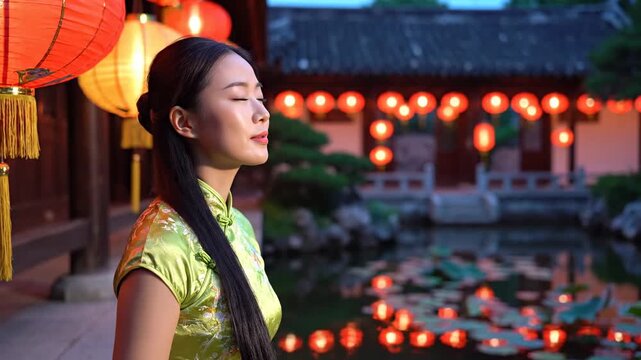 Asian woman in green cheongsam dress.