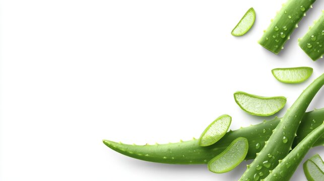 Fresh aloe vera slices on white background with water droplets for skincare and health concepts