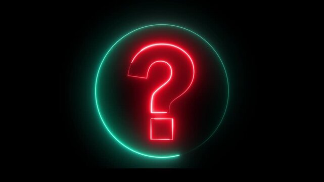 Glowing neon red and cyan color question mark sign icon animation quiz confusion mark punctuation interrogative sign education exam circle alphabet sign symbol on black background